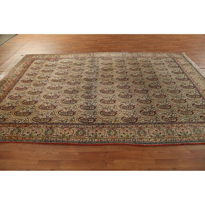Hand Knotted Oriental 100% Wool Carpet Traditional All-Over Beige & Ivories Kerman Area Rug - 10' 5'' X 7' 3''