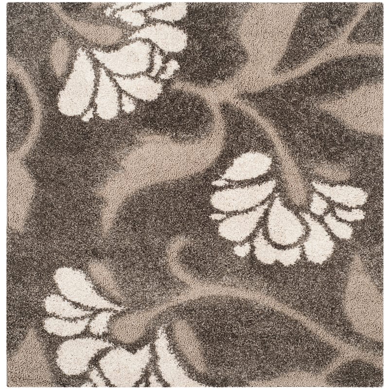 SAFAVIEH Florida Shag Neliha Floral 1.2-inch Thick Rug - 4' Square - Smoke/Beige - Square