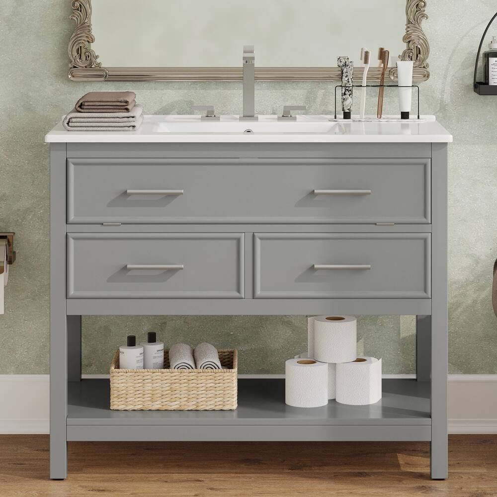 36" Bathroom Vanity with Ceramic Sink, Tip-Out Tray, 2 Full-Extension Soft Close Drawers, Silver Pulls and Open Shelf