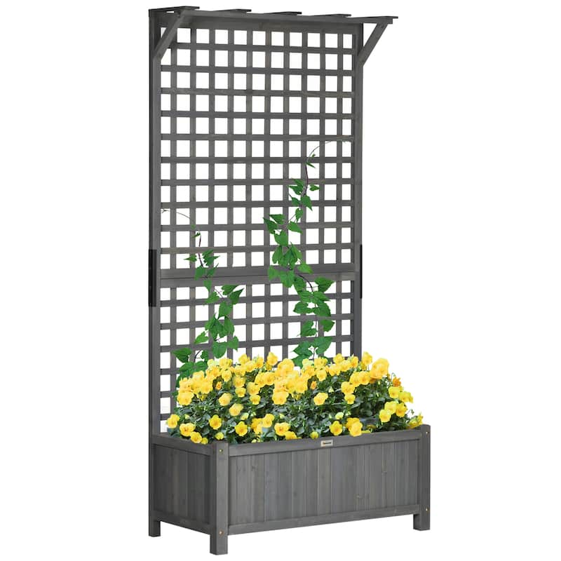 Outsunny Wood Planter with Trellis, Raised Garden Bed for Climbing Plants w/ Drainage Holes and Roof - Grey
