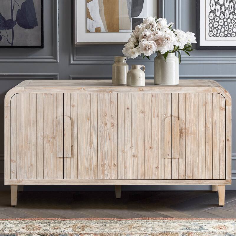 Roomfitters 59" Farmhouse Curved Sideboard, Vintage 4-Door Buffet with Vertical Carving & Large Wood Handles