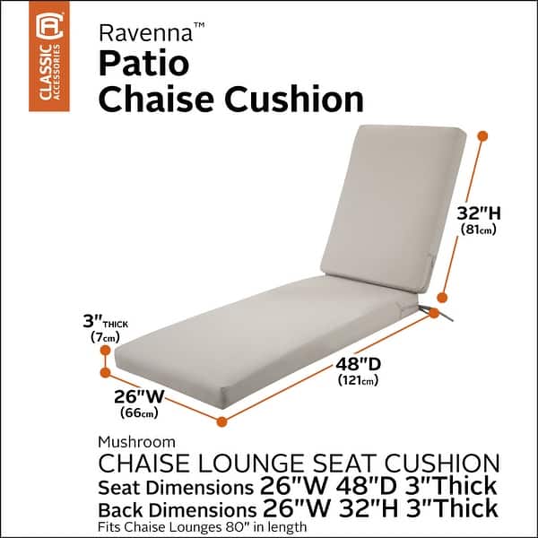 dimension image slide 3 of 6, Classic Accessories Ravenna Water-Resistant Patio Chaise Cushion, 80 x 26 x 3 Inch