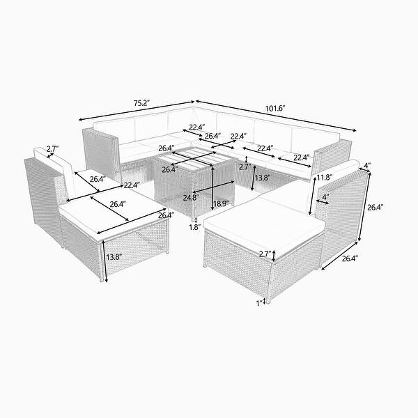9 Piece Rattan Sectional Seating Group with Cushions and Ottoman Bed