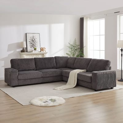 110-Inch L-Shape Oversized Corduroy Corner Sofa with Two Storage Spaces,USB Port, Type-C Port and Cup-Holder