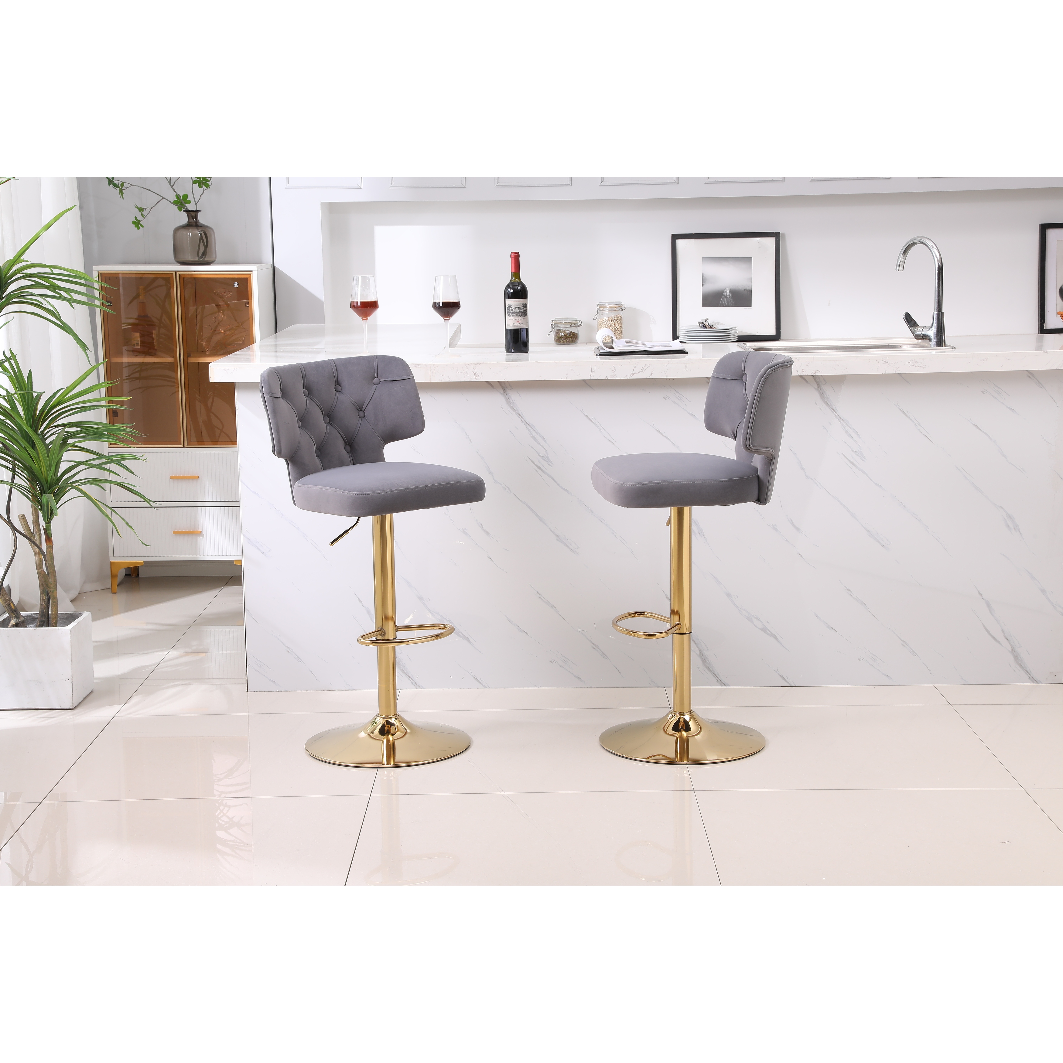 Modern Grey Swivel Velvet Bar Stool Counter Bar Chairs Adjustable