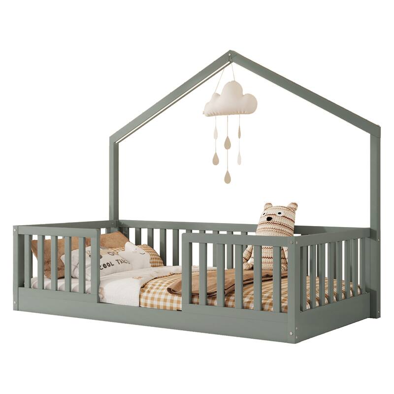 Twin Floor Bed with High Rails, Wooden Montessori Bed with Light for Kids, Boys and Girls, White