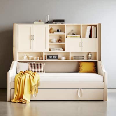 Twin Upholstered Daybed with LED Armrest Lights, Storage Shelves & Cabinets, Pull-Out Trundle Bed