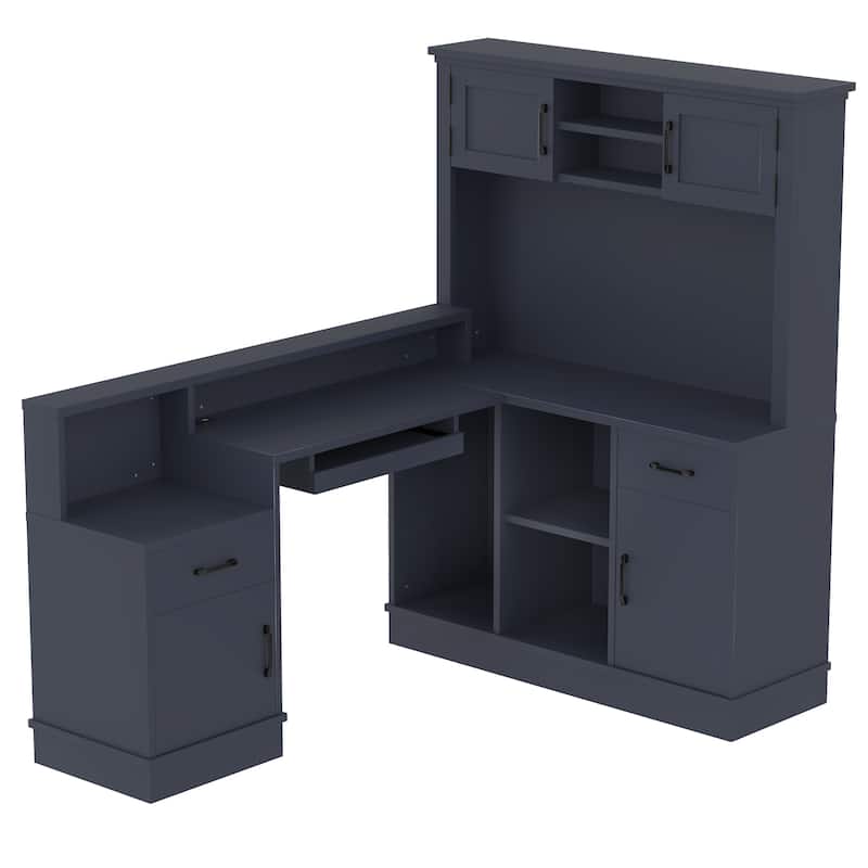 L-Shaped Corner Desk with Outlet, Drawers & Bookshelf, Study Table, Writing Desk Gaming Computer Desk with Storage