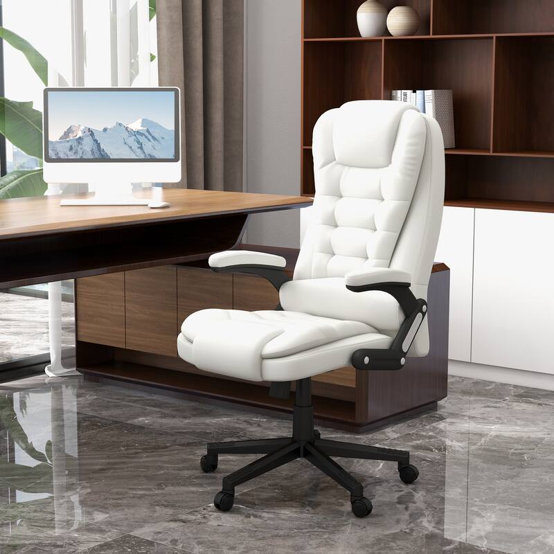 White PU Leather 360° Swivel High Back Office Recliner with Vibration Massage, Lumbar Heating, and Adjustable Height