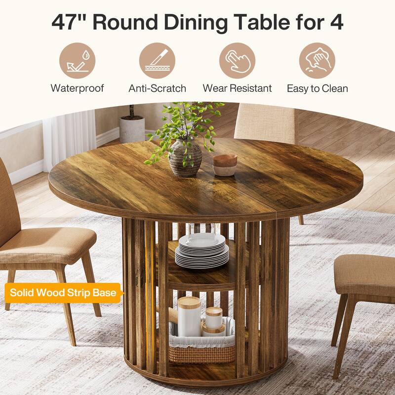 47 Inch Round Dining Table with 2-tier Storage and Solid Wood Base - 47.24" D x 47.24" W x 29.53" H