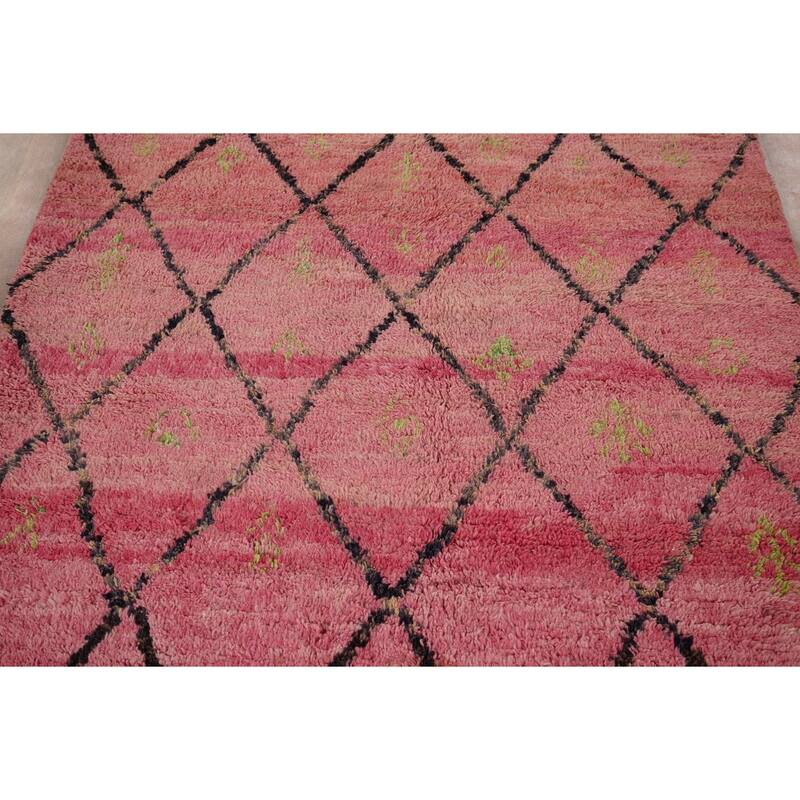 Pink Trellis Plush Moroccan Area Rug Handmade Wool Carpet - 5'3" x 8'10"