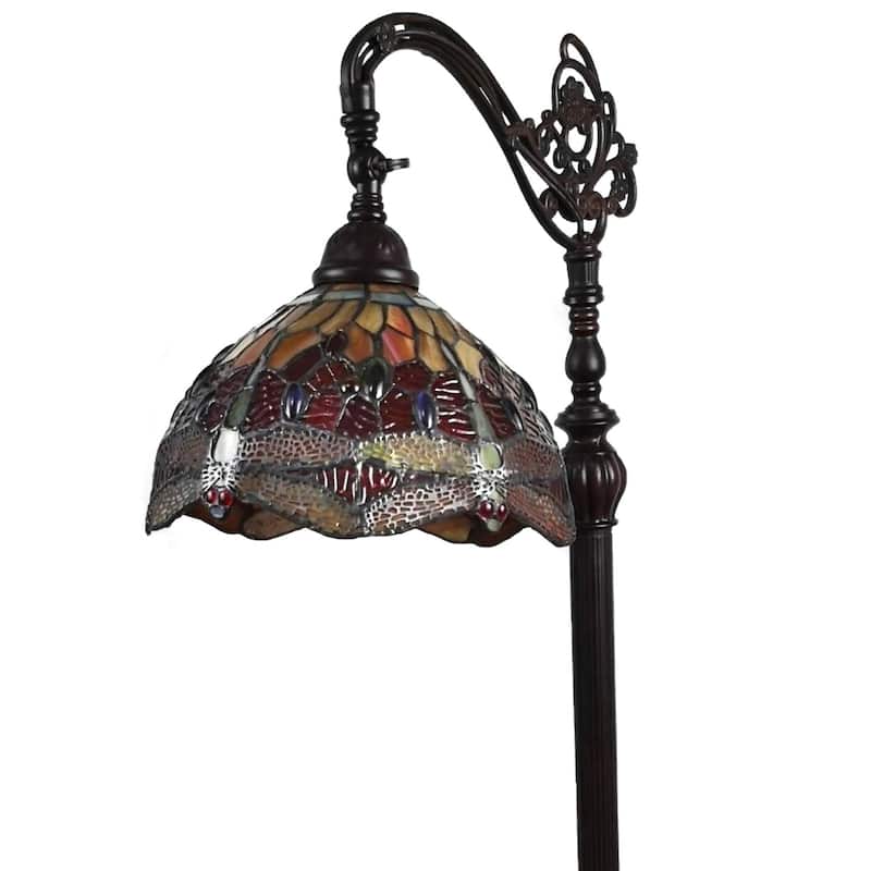 Black and Red Metal Torchiere Floor Lamp with Stained Glass Dome Shade - 10” x 10” x 61” (D x W x H)