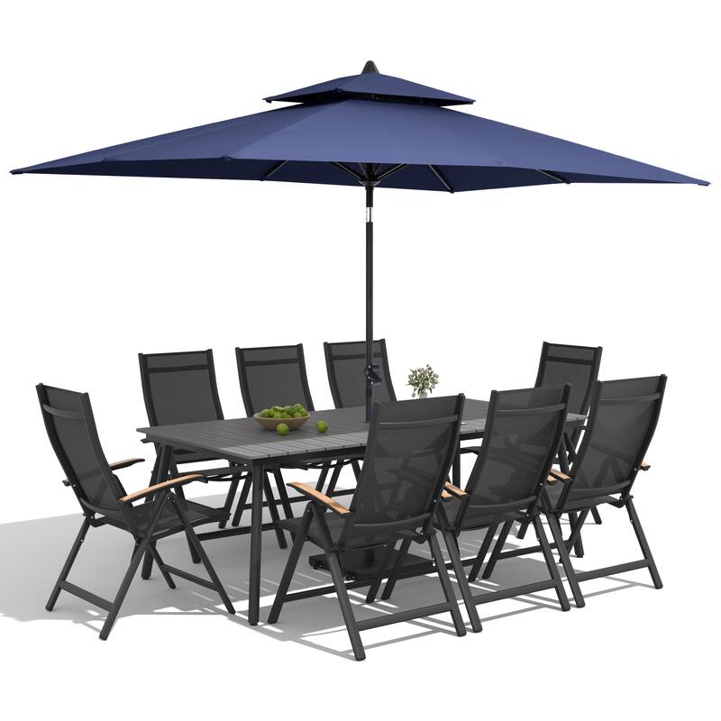 9/11-Piece Outdoor Patio Dining Set Aluminum Dining Table and Folding Chairs w/10 ft Umbrella and Base