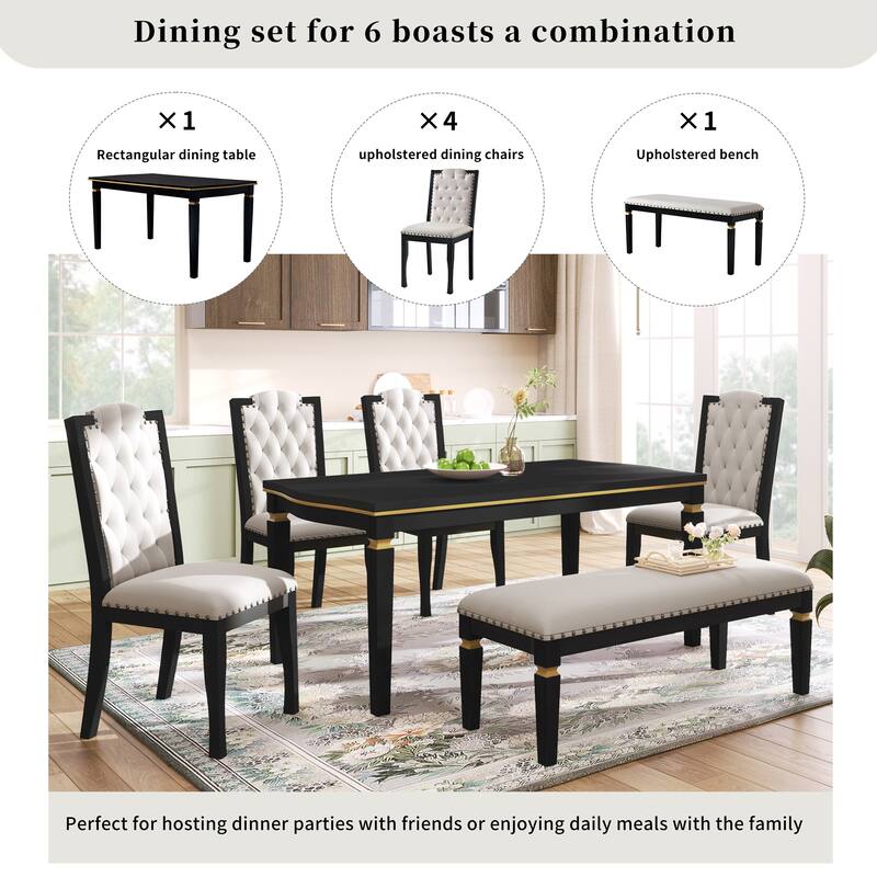 6-Piece Dining Table Set with 4 Tufted Chairs and Bench, 60" Rectangular Wood Table, Modern Dining Room Furniture