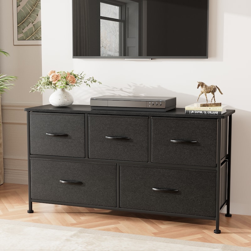 Furniwell 5 Drawer Fabric Dresser Wide Chest Of Drawers, Black