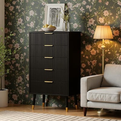 Fluted 5 Drawer Dresser, with Gold Metal Handles