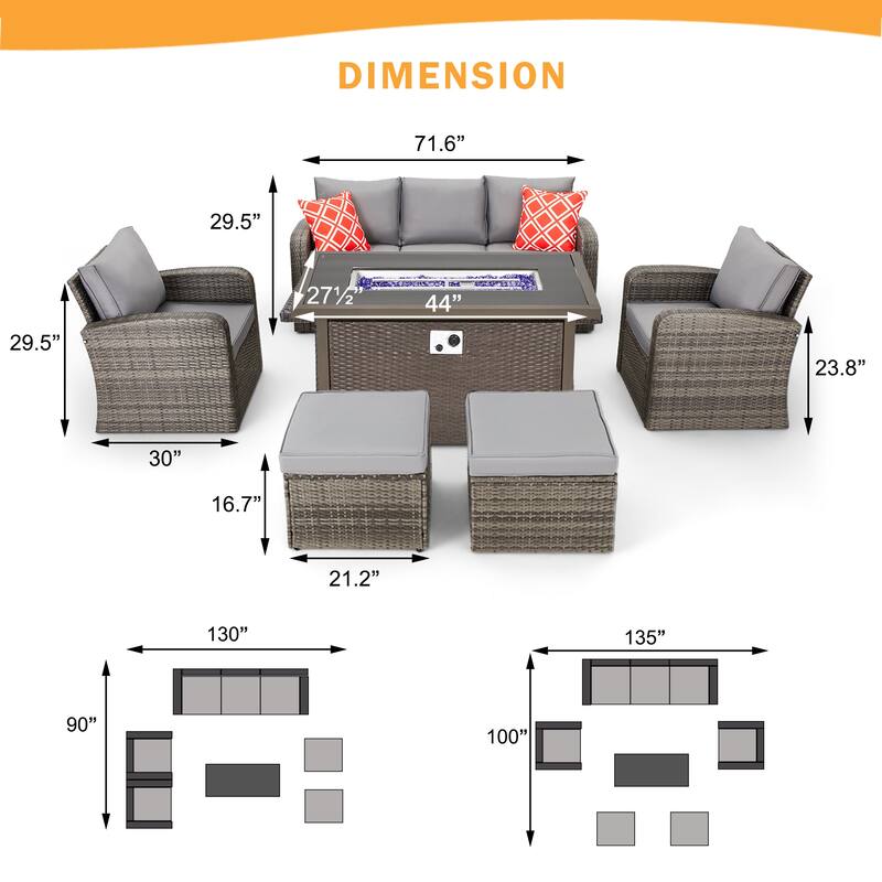 6-Piece Rattan Patio Set with Fire Pit Table, Outdoor Conversation Set with Cushions, Weather-Resistant Sofa Sectional