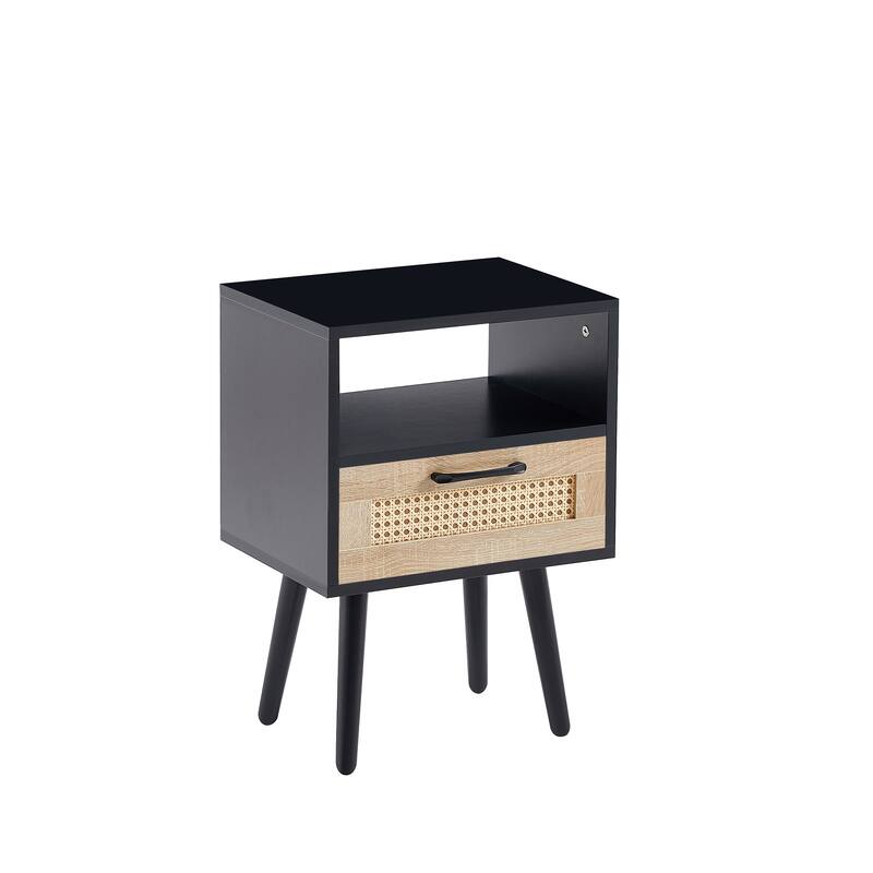 15.75" Rattan End table with drawer and solid wood legs,Modern nightstand,side table for living room,bedroom