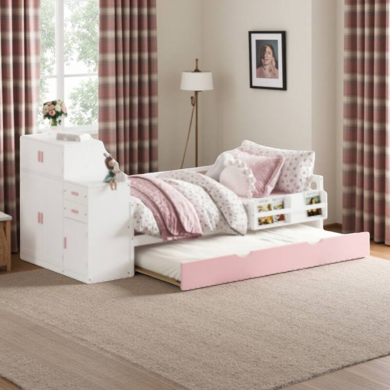 Twin Solid Wood Platform Bed, Daybed with Built-in Bookshelf, Movable Wardrobe, and Pull-Out Trundle - Pink+White