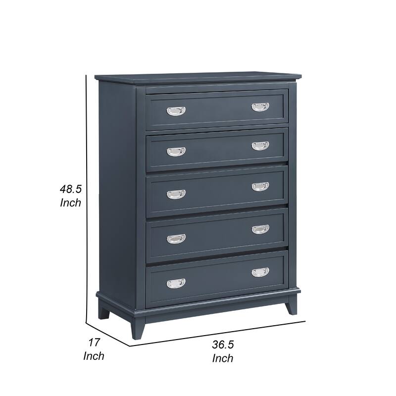 Sely Tall Dresser Chest, 5 Drawers, Navy Blue Wood Nickel Ring Handles