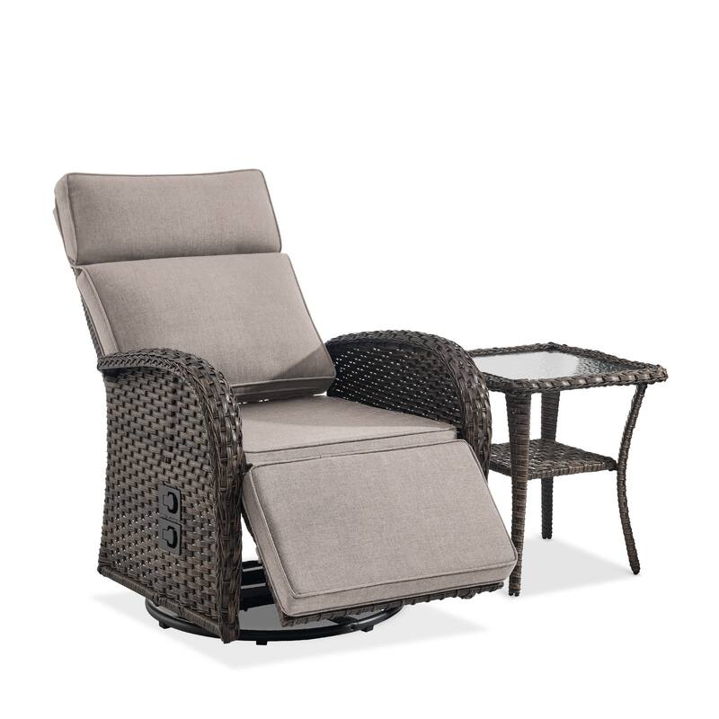 Pocassy Outdoor Brown Wicker Chaise Lounge Chair with Side Table Beige Cushion