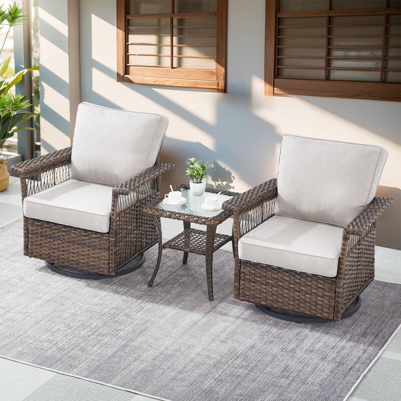 Gymojoy Patio Bistro Set w/ 360° Swivel Rocking Chairs & Table - Brown - Brown - Beige