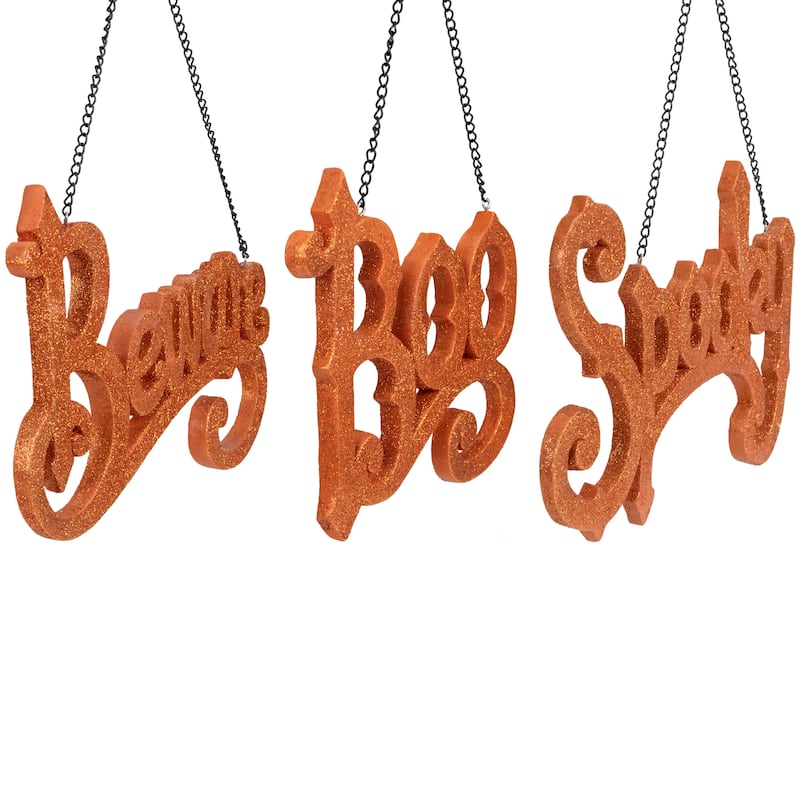 Set of 3 Orange Boo Spooky and Beware Hanging Halloween Decorations 5.75"