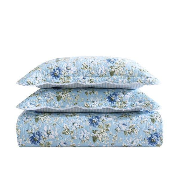 Laura Ashley Peony Garden Cotton Reversible Blue Quilt Set