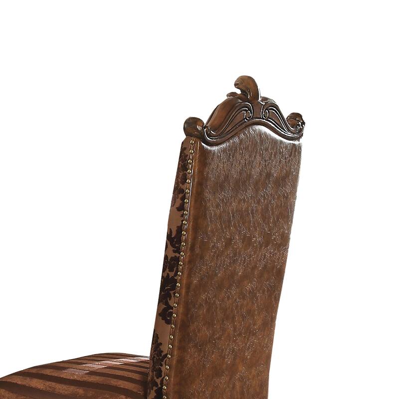 Faux Leather Upholstered Wooden Side Chair with Scrolled Carvings, Brown, Set of 2