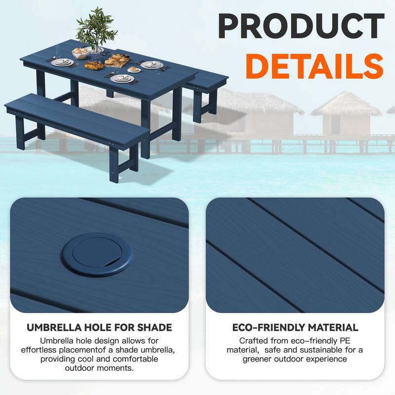 3-Piece HDPE Outdoor Dining Set with Umbrella Hole Table and Two 2-Person Benches