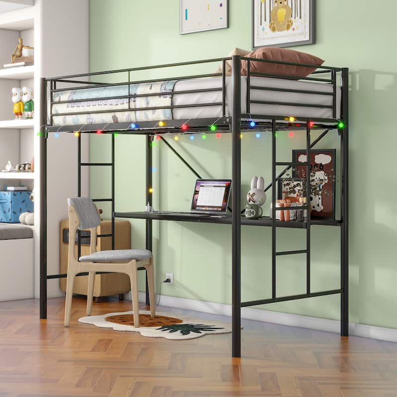 Twin Metal Loft Bed with Built-In Desk, LED Lighting, Power Outlets & USB Ports, Safety Guardrails, Dual Ladders