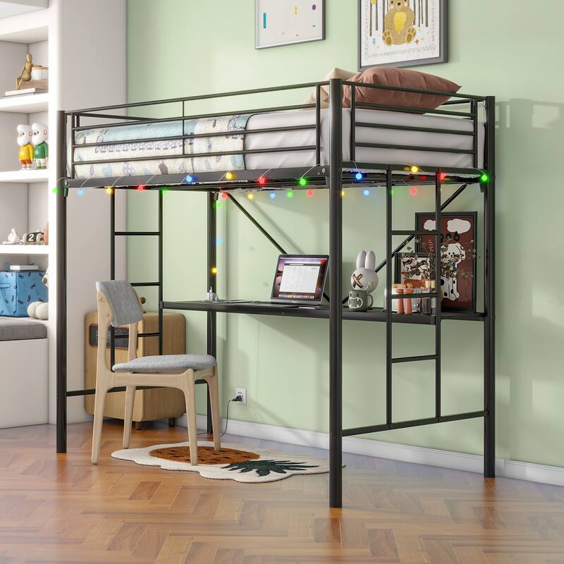 Twin Metal Loft Bed with Desk, Power Outlet, LED Lights, Safety Guard Rails, and Ladder, Black