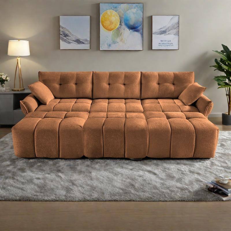 110.2" Chenille 3-Seater Sofa Set with 3 Ottomans and Pillows, Solid Wood Frame and High-Resilience Cushions - Orange