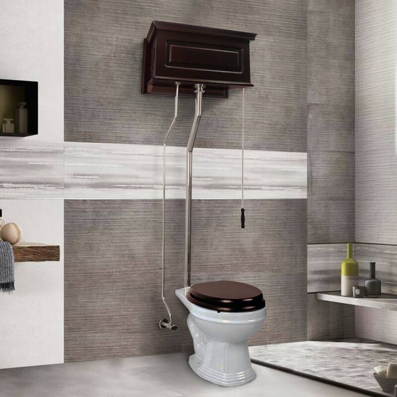 High Tank Toilet - Dark Oak Raised Tank, Round White Bowl Chrome L Pipes Renovators Supply