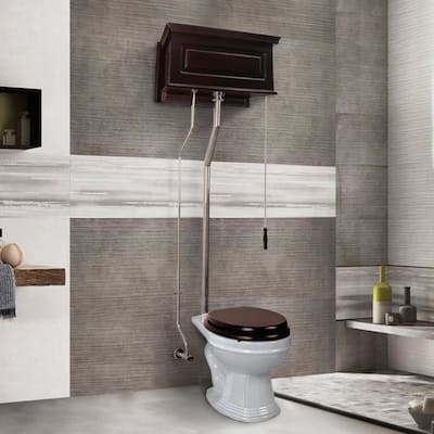 High Tank Toilet - Dark Oak Raised Tank, Round White Bowl Chrome L Pipes Renovators Supply