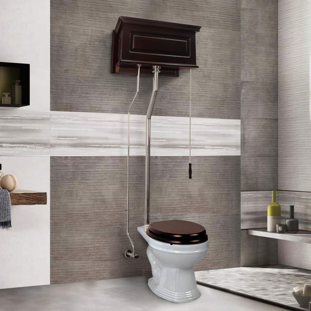 High Tank Toilet - Dark Oak Raised Tank, Round White Bowl Chrome L Pipes Renovators Supply