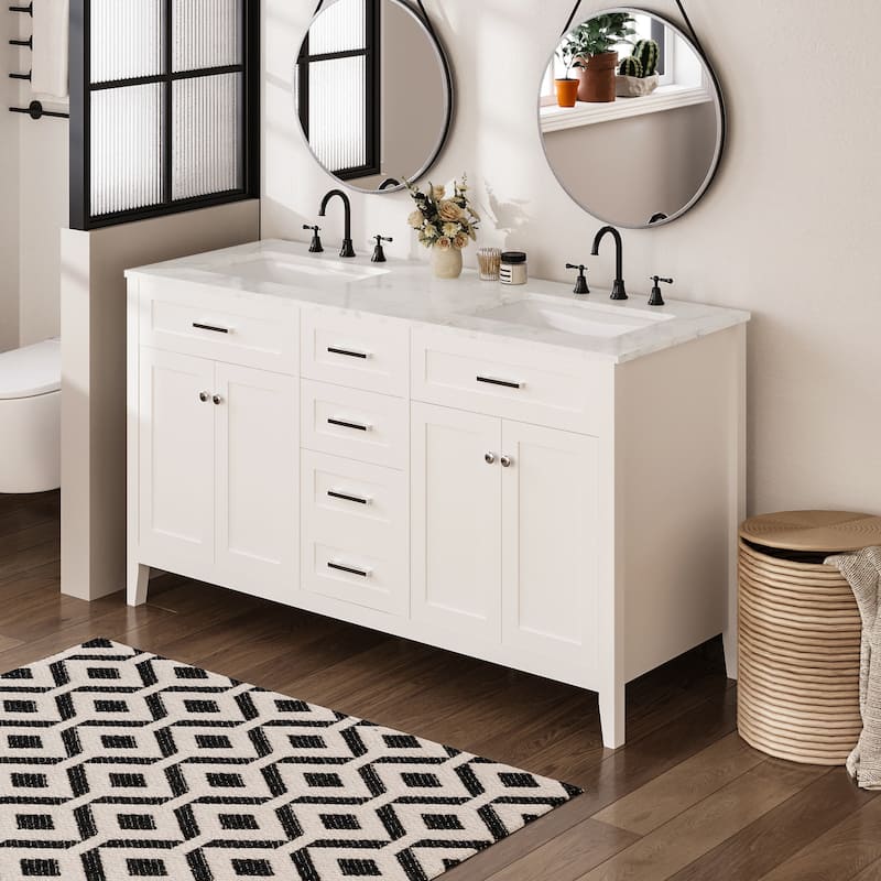 EROMMY All-in-One Bathroom Vanity with Ceramic Sink, Soft-Close Storage Cabinet & Drawer, Glossy Countertop, White