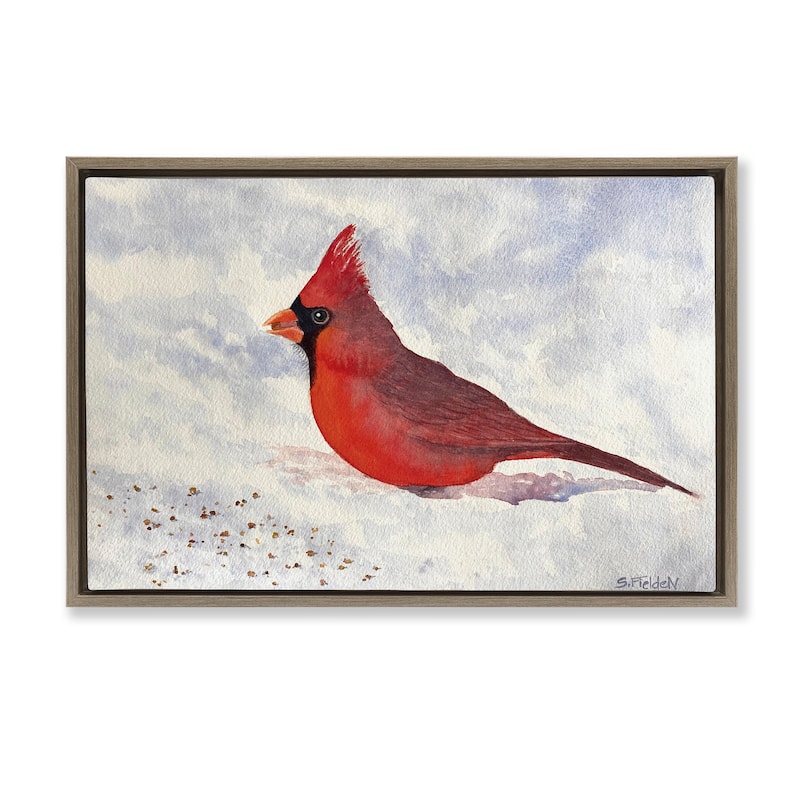 Stupell Red Cardinal in Snow Framed Floater Canvas Wall Art Design By Stephanie Fielden - 31 x 21 - Brown