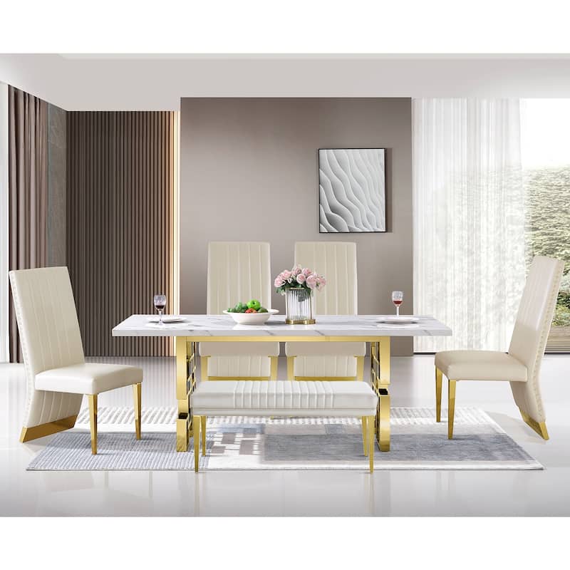 Modern Luxury Upholstered Bench Dining Room Channel Ottoman with Gold Stainless Steel Legs