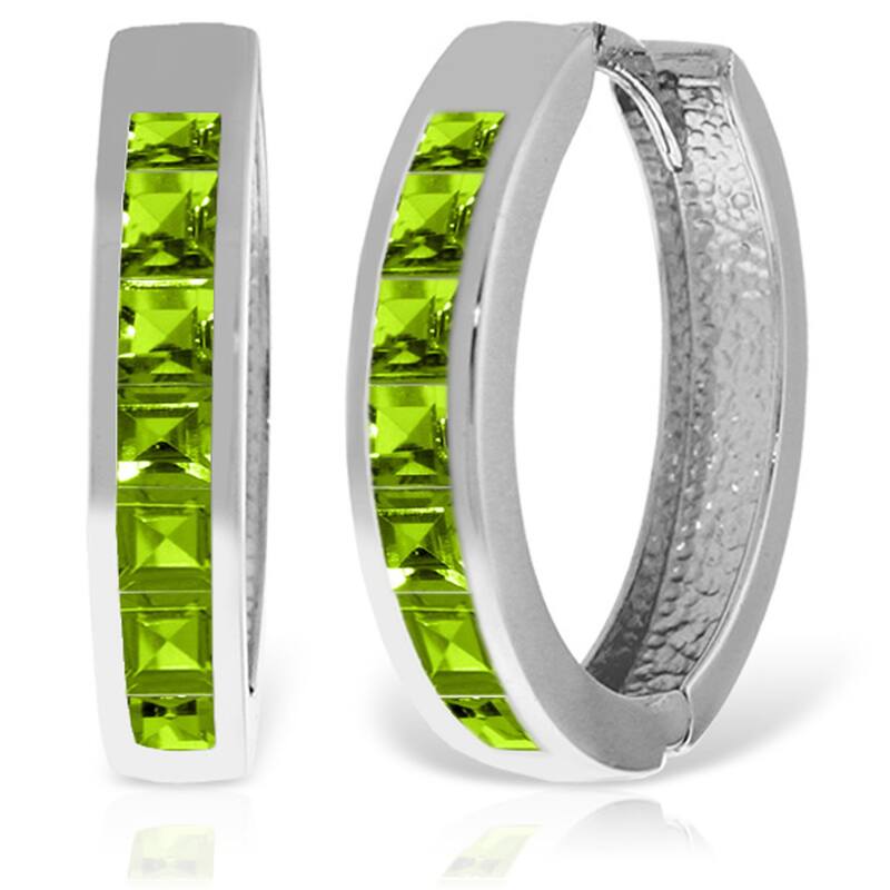 14K Solid Gold Hoop Huggie Gemstone Earrings w/ Natural Peridots - White