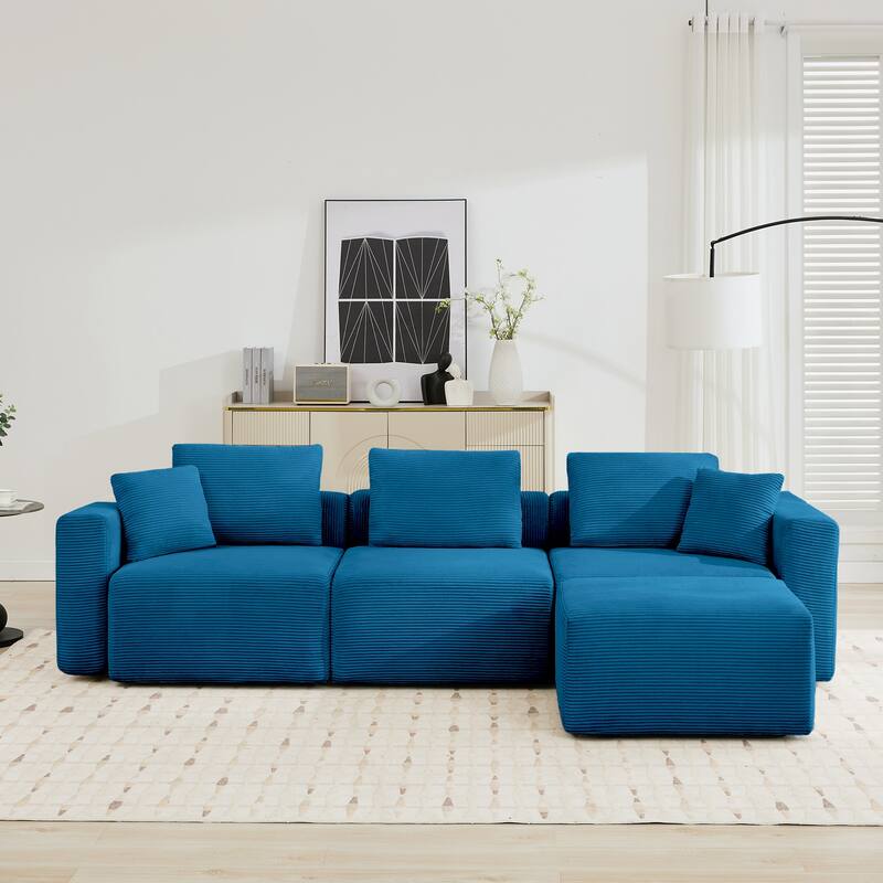 Corduroy Sectional Modular Sofa with Square Arms & Ottoman Extension for Flexible Arrangements