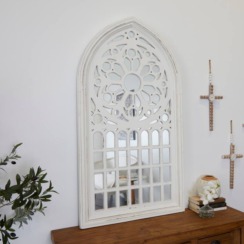 Wood Carved Wall Mirror with Arched Window Panes - White - Roche River Decor - 2"W x 28"L x 52"H