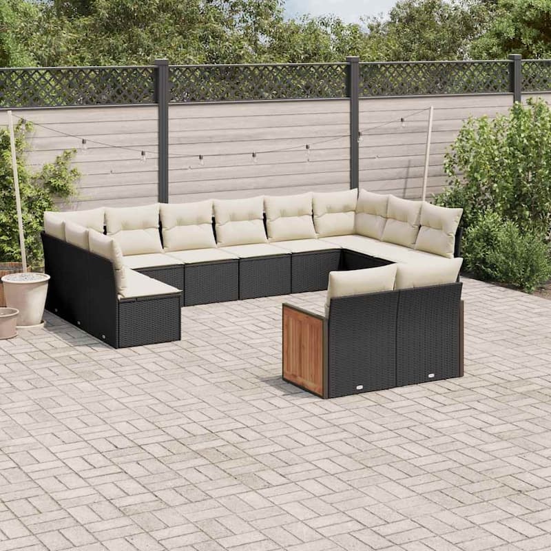 vidaXL Patio Sofa Set with Cushions Outdoor Conversation Furniture Poly Rattan - Black and cream without table - 24.4 x 24.4 x 27.2 in