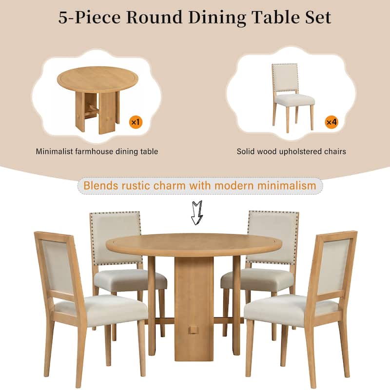 5-Piece Round Dining Table Set with Solid Wood Upholstered Chairs for Minimalist Farmhouse Design