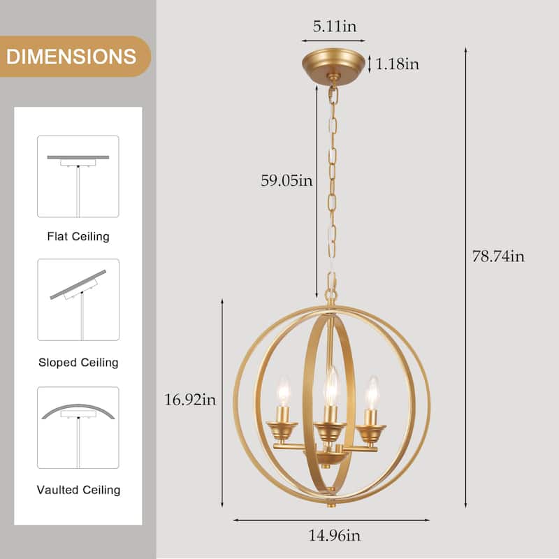 3 - Light Industrial Metal Orb Hanging Chandelier with Adjustable Chain