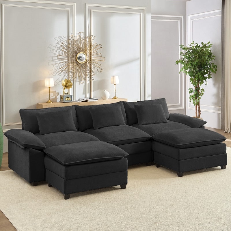 Modern 118'' U-Shaped Modular Sectional Sofa with 2 Ottomans, 5-Seat Cloud Couch, Modern Chenille Sofa Sleeper Deep Seat Couches - Dark Grey - 3+2