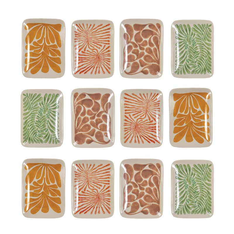 Stoneware Plate with Abstract Design in Four Styles, Set of 12 - 6.1"L x 4.5"W x 0.8"H - 6.1"L x 4.5"W x 0.8"H - Multi - 8 or More Pieces