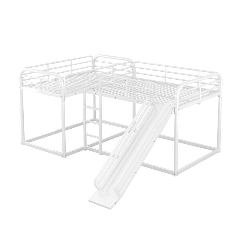 Full and Twin L-Shaped Metal Bunk Bed with Slide, Ladder, and Guardrails for Kids