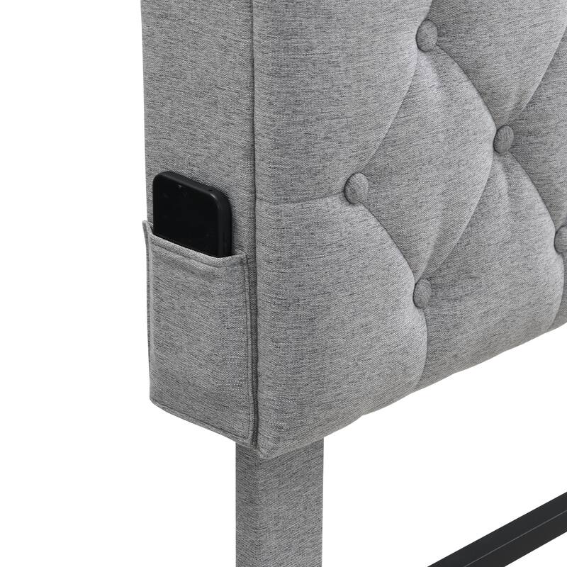 Modern Queen-Size Upholstered Bed Frame with USB Ports, Storage Headboard, and Side Pockets, Light Grey