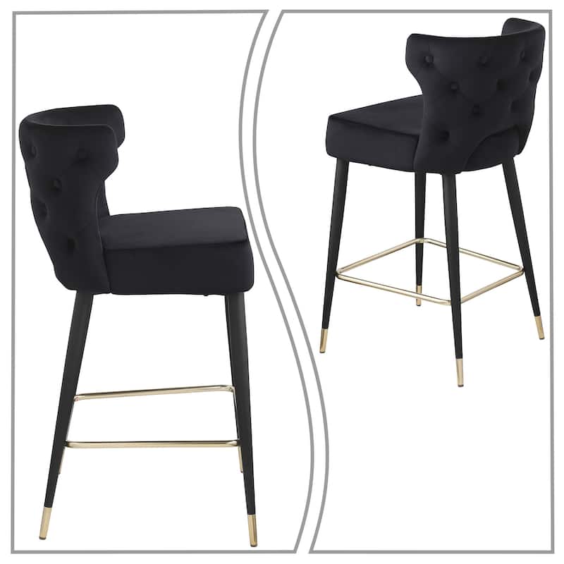 Mid-Century Modern Velvet Upholstered Barstools with Black Metal Legs